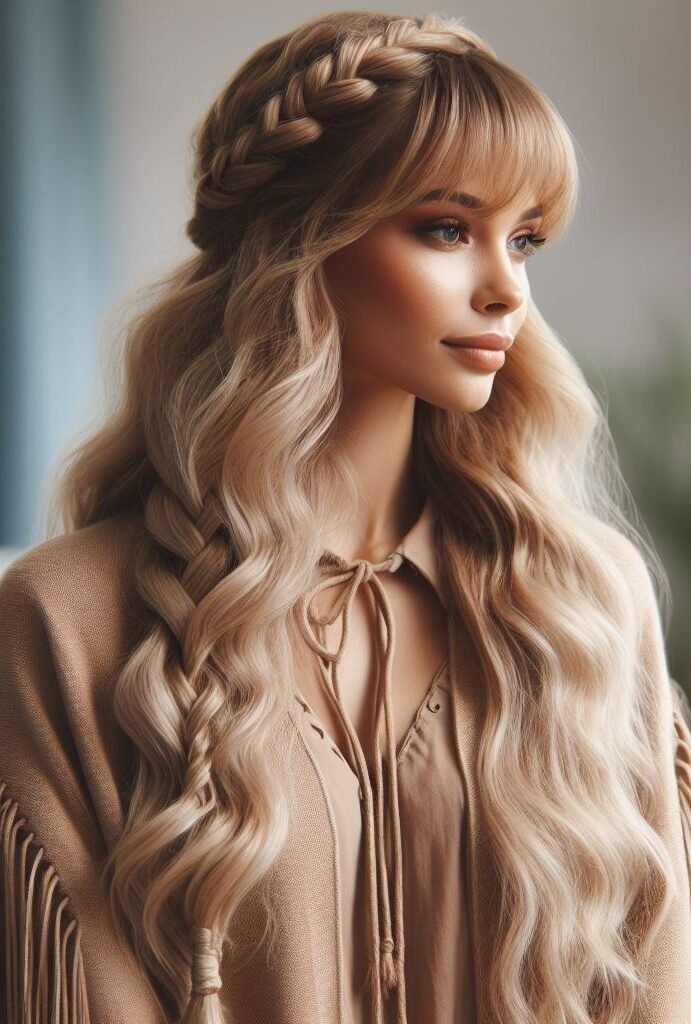 Curtain Bangs: Your Effortless Guide to 55 Stunning Styles! | Pocoko Effortless elegance meets bohemian chic! Curtain bangs get a stylish upgrade with a braided headband. This easy hairstyle keeps flyaways at bay and adds instant texture for a look that's both carefree and put-together. #pocoko #curtainbangs #braidedheadband #bohohair