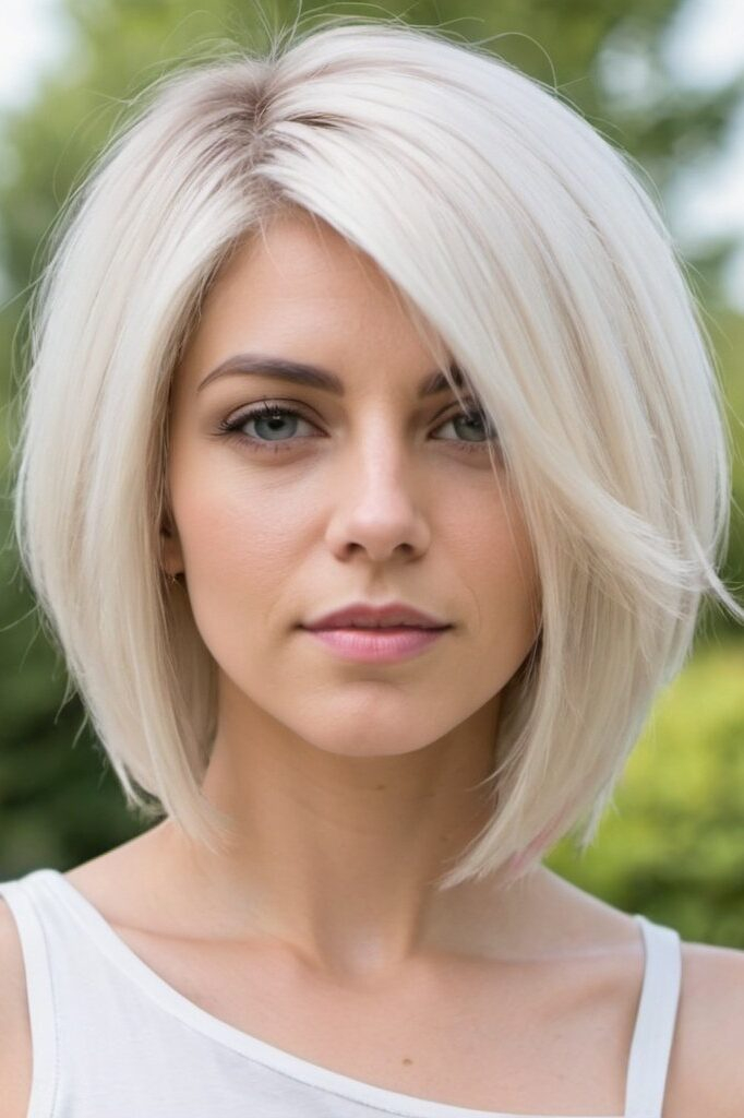The Bold Trendsetter Medium Hair with a Dramatic Asymmetrical Cut and Platinum Blonde Color