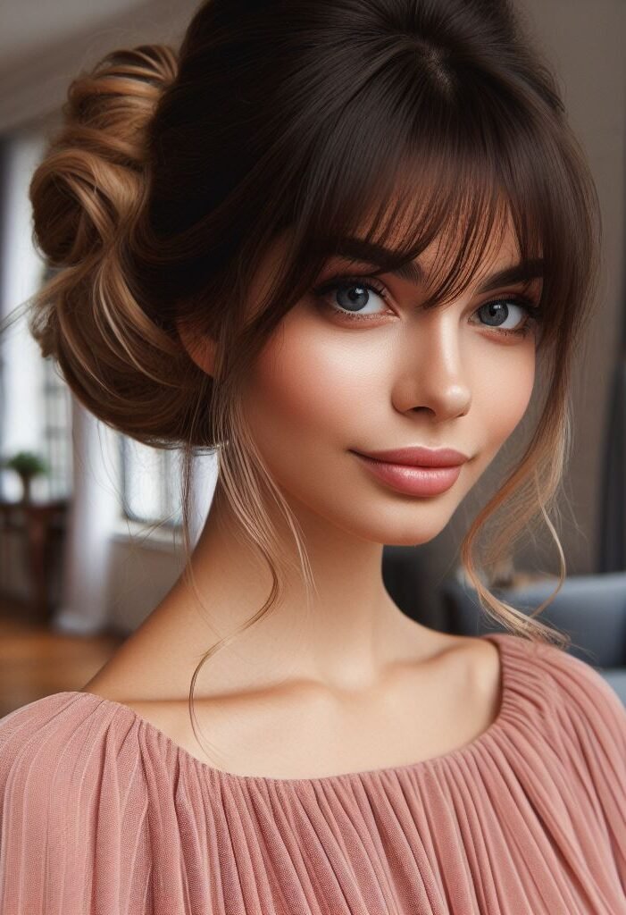 Curtain Bangs: Your Effortless Guide to 55 Stunning Styles! | Pocoko This sophisticated hairstyle combines chic curtain bangs with a classic chignon updo. The bangs effortlessly frame the face, while the chignon adds a touch of elegance and keeps hair neatly secured. Perfect for a polished look! #pocoko #curtainbangs #chignon