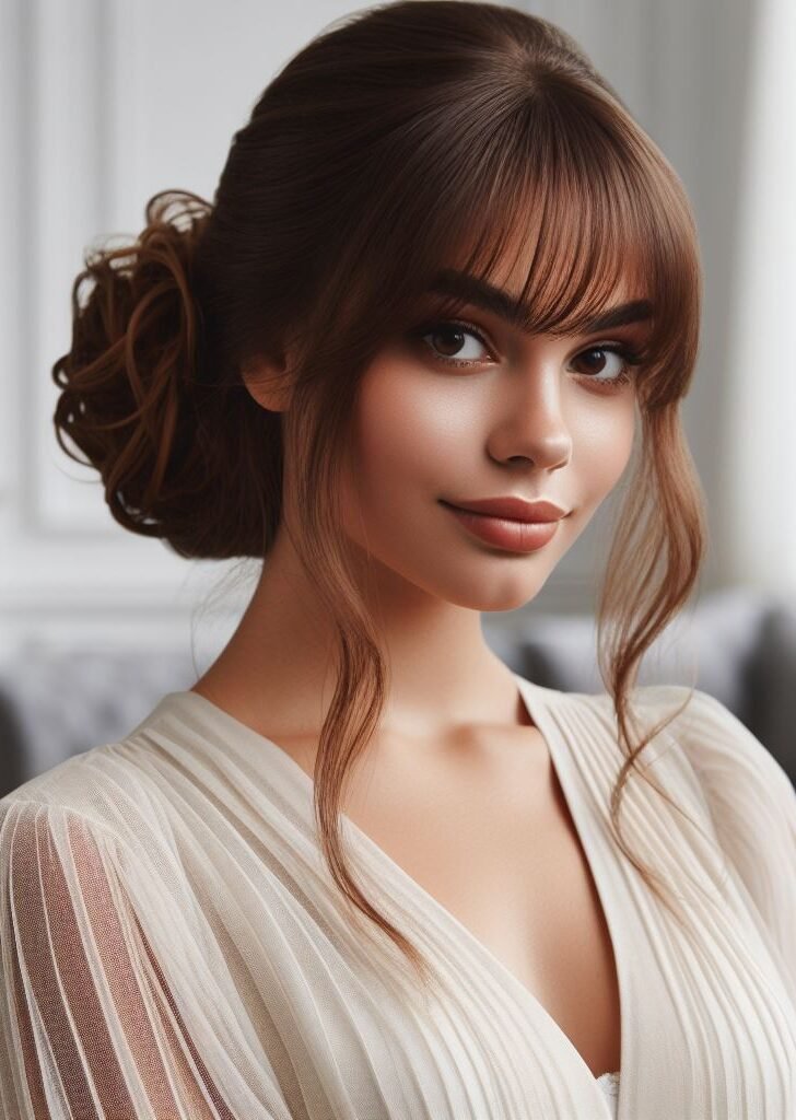 Curtain Bangs: Your Effortless Guide to 55 Stunning Styles! | Pocoko Curtain bangs meet classy chignon! This updo is all about effortless elegance. The face-framing bangs add a touch of fun, while the chignon keeps things neat and chic. Perfect for a day out or a night on the town! #pocoko #curtainbangs #chignonupdo