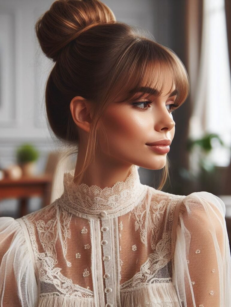 Curtain Bangs: Your Effortless Guide to 55 Stunning Styles! | Pocoko This fun and functional hairstyle combines trendy curtain bangs with a casual sock bun. The bangs effortlessly frame the face, while the sock bun creates a relaxed and stylish updo. Perfect for an everyday look or a day out! #pocoko #curtainbangs #sockbun