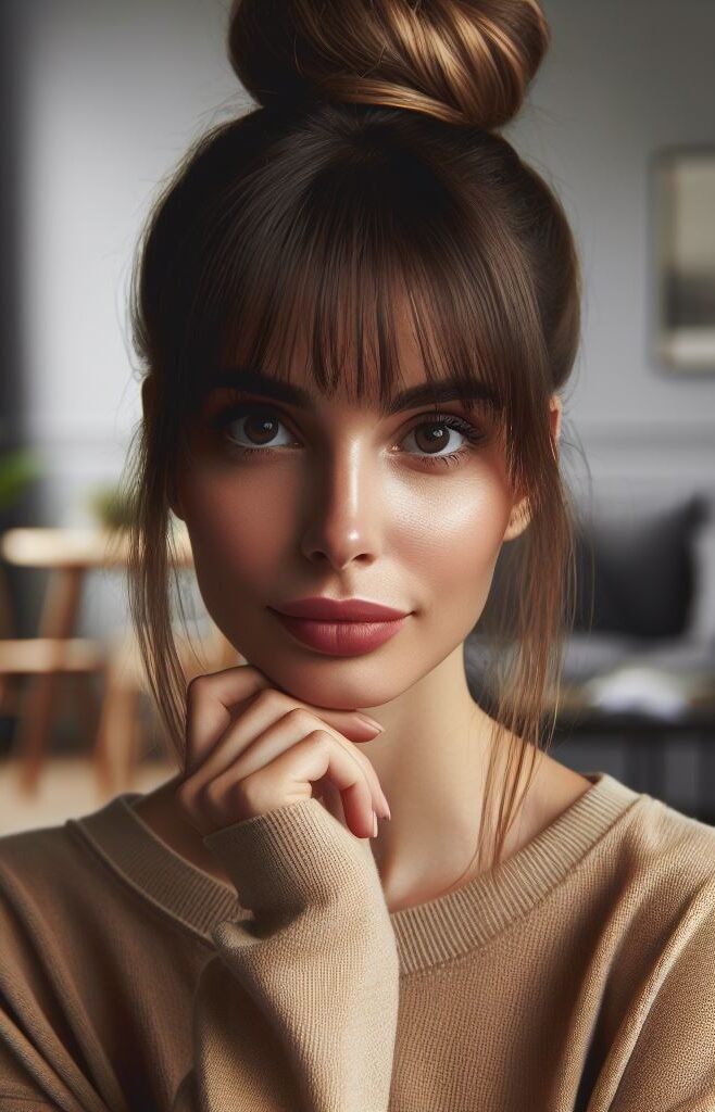 Curtain Bangs: Your Effortless Guide to 55 Stunning Styles! | Pocoko Effortless chic meets playful texture! Curtain bangs add a touch of cool, framing the face perfectly. The messy sock bun keeps hair out of your face with a relaxed vibe. Perfect for weekend vibes or a quick hairstyle on the go! #pocoko #curtainbangs #sockbunhair #easyhairstyles