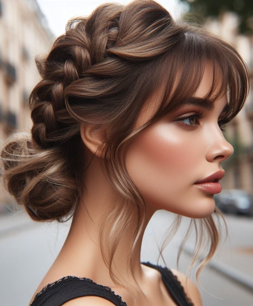 Curtain Bangs: Your Effortless Guide to 55 Stunning Styles! | Pocoko Classic elegance meets modern cool! This hairstyle features effortlessly chic curtain bangs framing the face, while a French twist adds a touch of sophistication and keeps hair neatly secured. Perfect for work, weddings, or a night out! #pocoko #curtainbangs #frenchtwist #updo hairstyles