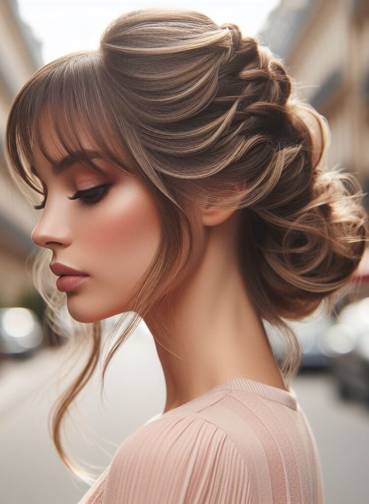 Curtain Bangs: Your Effortless Guide to 55 Stunning Styles! | Pocoko Effortless French vibes! Wispy curtain bangs add a touch of softness, while a chic French twist creates a romantic updo. Perfect for a date night or adding a touch of elegance to your everyday look. #pocoko #curtainbangs #frenchtwistupdo #romantichairstyles