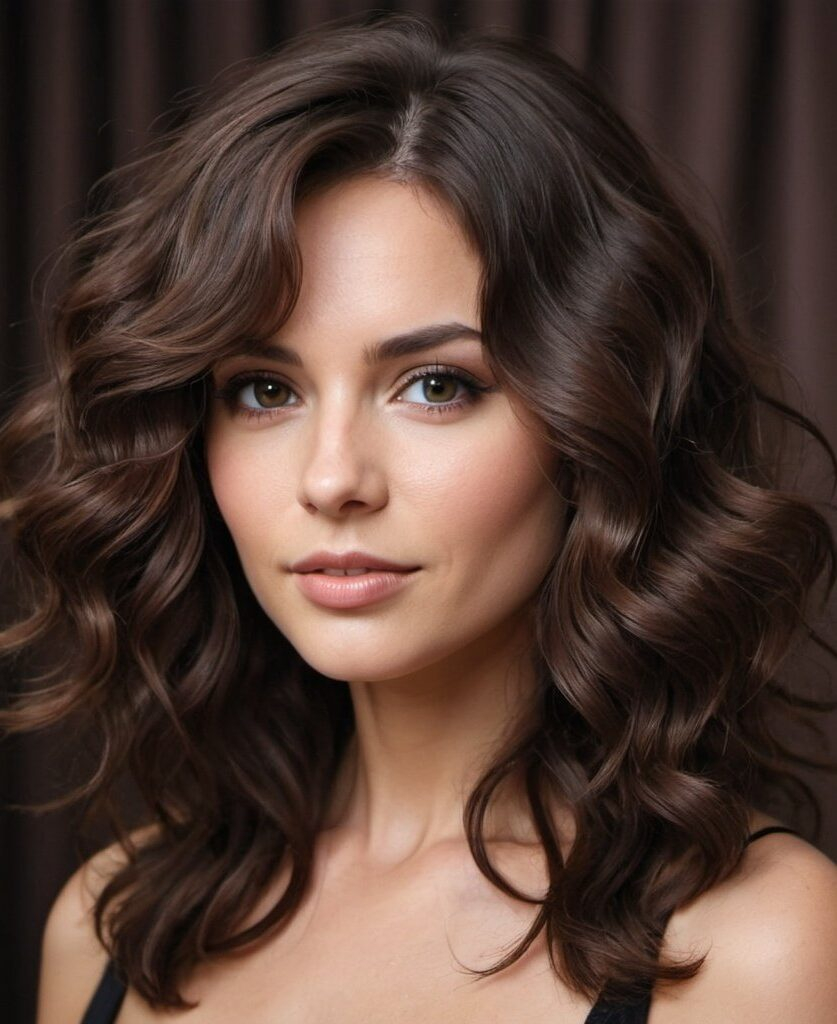 The Sultry Siren Medium Hair with Tousled Curls and a Sultry Brunette Shade