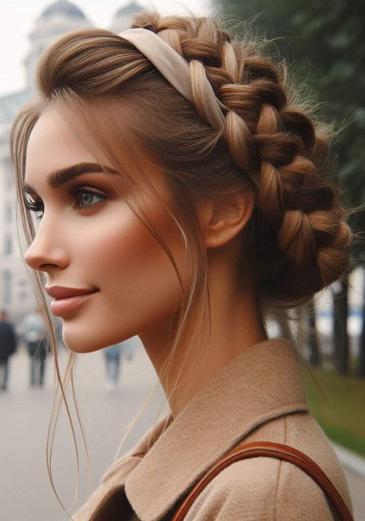 Curtain Bangs: Your Effortless Guide to 55 Stunning Styles! | Pocoko Double the charm with this whimsical updo! Curtain bangs add a touch of fun, while a braided crown and headband create a boho-chic masterpiece. Perfect for a carefree day out or adding a touch of magic to your everyday style! #pocoko #curtainbangs #braidedcrown #headbandhairstyle