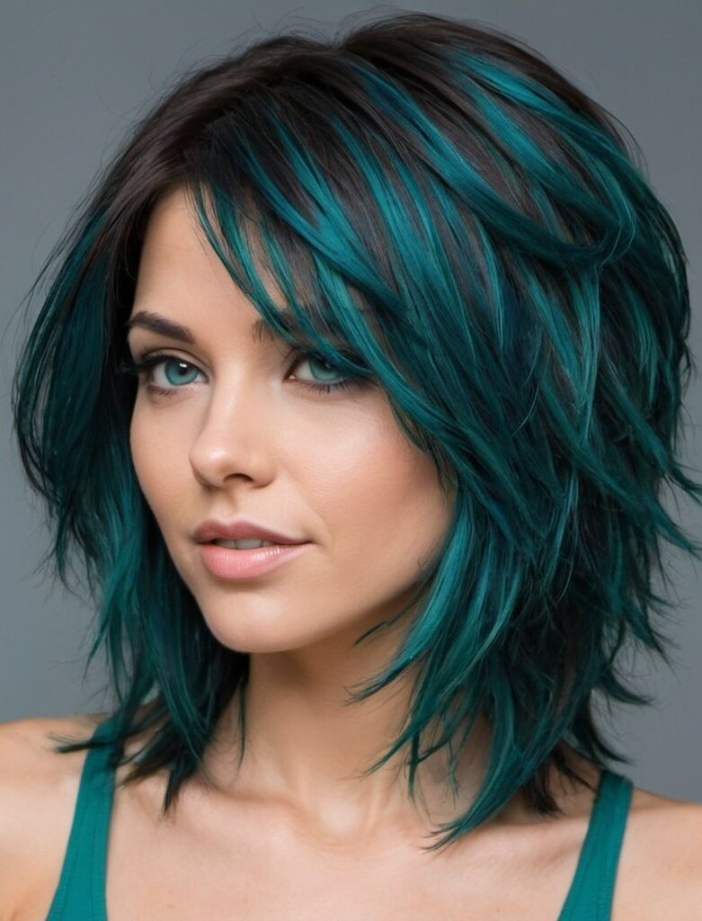 The Playful Spirit Medium Hair with Choppy Layers and Pops of Teal Highlights