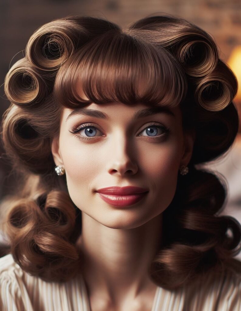 Curtain Bangs: Your Effortless Guide to 55 Stunning Styles! | Pocoko Channel your inner pin-up girl! This hairstyle combines sassy victory rolls with effortlessly cool curtain bangs. It's the perfect mix of vintage glam and modern edge. #pocoko #curtainbangs #victoryrolls #vintagehairstylewithatwist