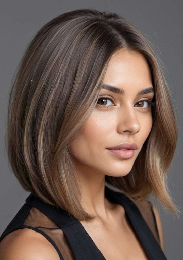 The Chic Fashionista with a Sleek Lob and Caramel-Toned Babylights