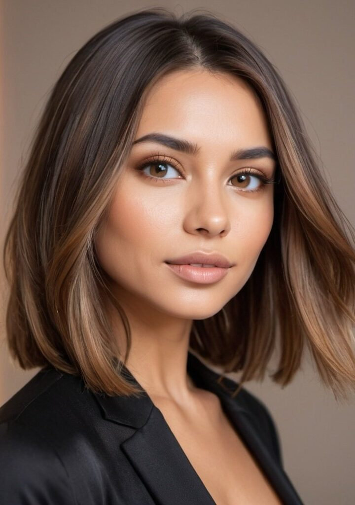 The Chic Fashionista Medium Hair with a Sleek Lob and Caramel-Toned Babylights