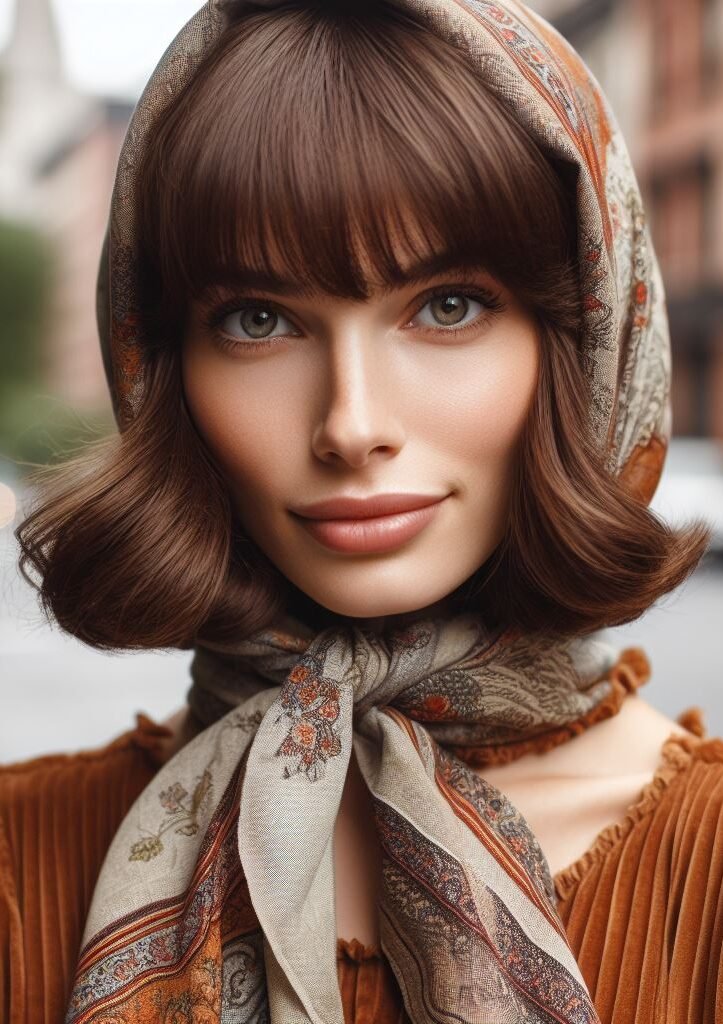 Curtain Bangs: Your Effortless Guide to 55 Stunning Styles! | Pocoko Effortless chic with a touch of vintage flair! This look combines trendy curtain bangs with a stylish headscarf. The headscarf adds a pop of color and pattern, while the bangs frame the face for a perfectly balanced look. #pocoko #curtainbangs #headscarfstyles #hairstyleswithscarf