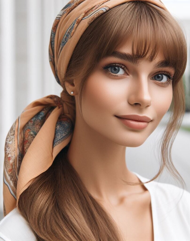 Curtain Bangs: Your Effortless Guide to 55 Stunning Styles! | Pocoko Boho vibes on fleek! Wispy curtain bangs peek out from a chic headscarf, creating a carefree and stylish look. Perfect for adding a touch of wanderlust to your everyday style or embracing your inner festival goddess! #pocoko #curtainbangs #headscarfhairstyle #bohochic