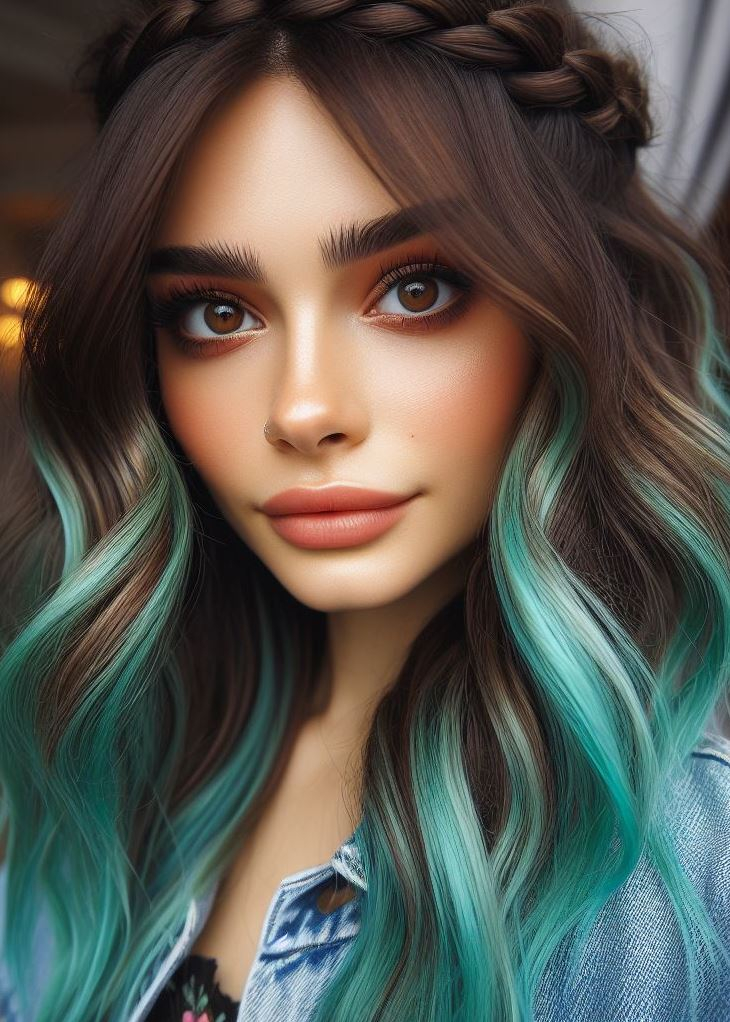 Show off your playful side with a vibrant mint ombre that transitions into a fun and flirty crown braid. #hairstyles #easyhairstyles #pocoko