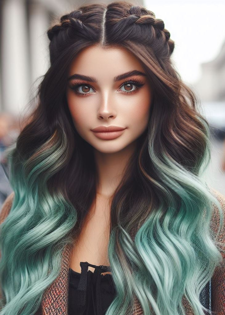 Add a touch of whimsy to your look! This mint ombre with a crown braid is a playful and eye-catching hairstyle. #ombrehair #hairstyleinspiration #pocoko