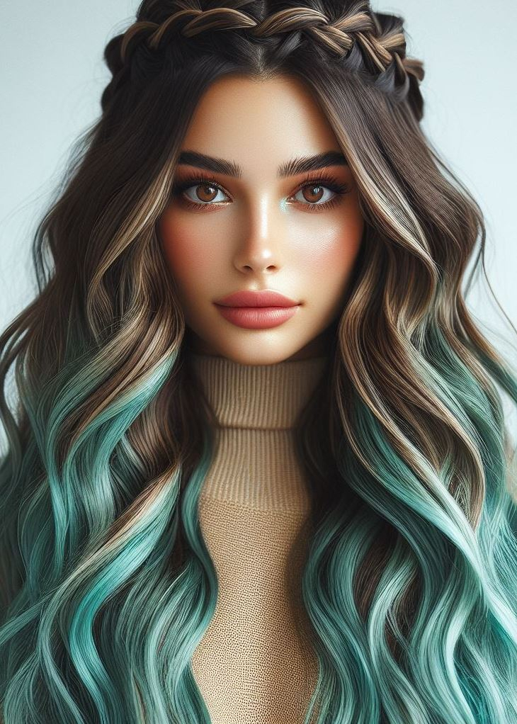 Embrace cool vibes with a refreshing mint ombre that melts into a stunning crown braid. Perfect for spring and summer! #mintgreenhair #crownbraid #ombrehair #pocoko