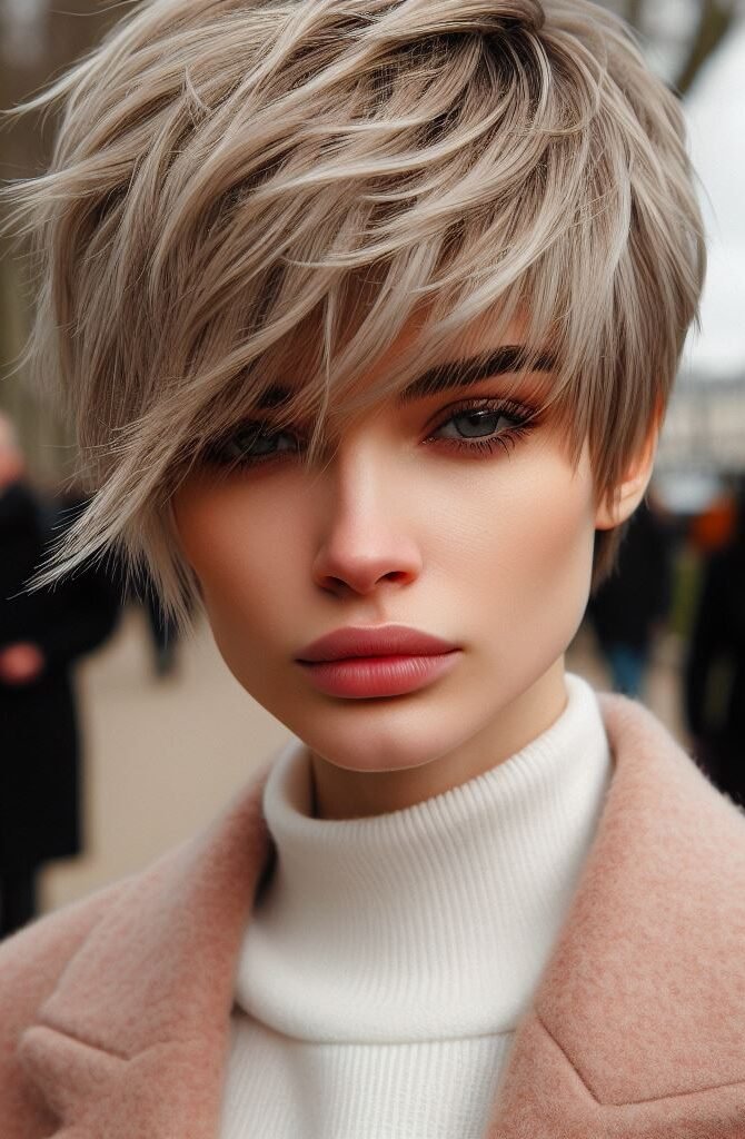 Curtain Bangs: Your Effortless Guide to 55 Stunning Styles! | Pocoko Embrace bold femininity with Curtain Bangs on a short pixie cut featuring very light strawberry blonde hair. Effortlessly chic and edgy, this style exudes confidence and individuality. #CurtainBangs #PixieCut #StrawberryBlonde #POCOKO