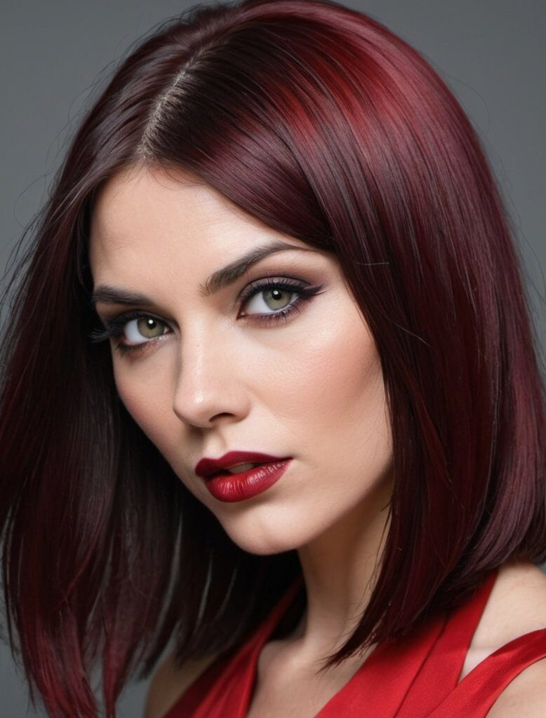 The Confident Diva with a Fierce Blunt Cut and a Bold Cherry Red Hue