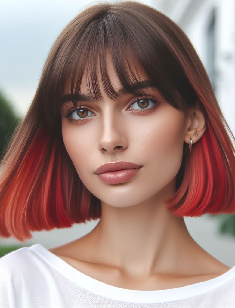 Curtain Bangs: Your Effortless Guide to 55 Stunning Styles! | Pocoko iery ends! This edgy bob combines curtain bangs with a bold color contrast. Dark brown hair transitions into a fiery red ombre at the ends, adding a touch of drama. Wispy curtain bangs frame the face for a stylish finish. Perfect for those who want to make a statement! #pocoko #curtainbangs #redhair #ombrebob