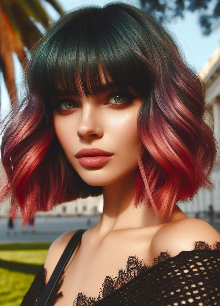 Curtain Bangs: Your Effortless Guide to 55 Stunning Styles! | Pocoko Fire & Spice! This sassy bob features face-framing curtain bangs with a bold color play. Dark brown hair transitions into a fiery red ombre at the ends, adding a touch of rebellious flair. The wispy curtain bangs keep the look effortlessly cool. Perfect for those who want to spice up their style! #pocoko #curtainbangs #redombre #spicyhair