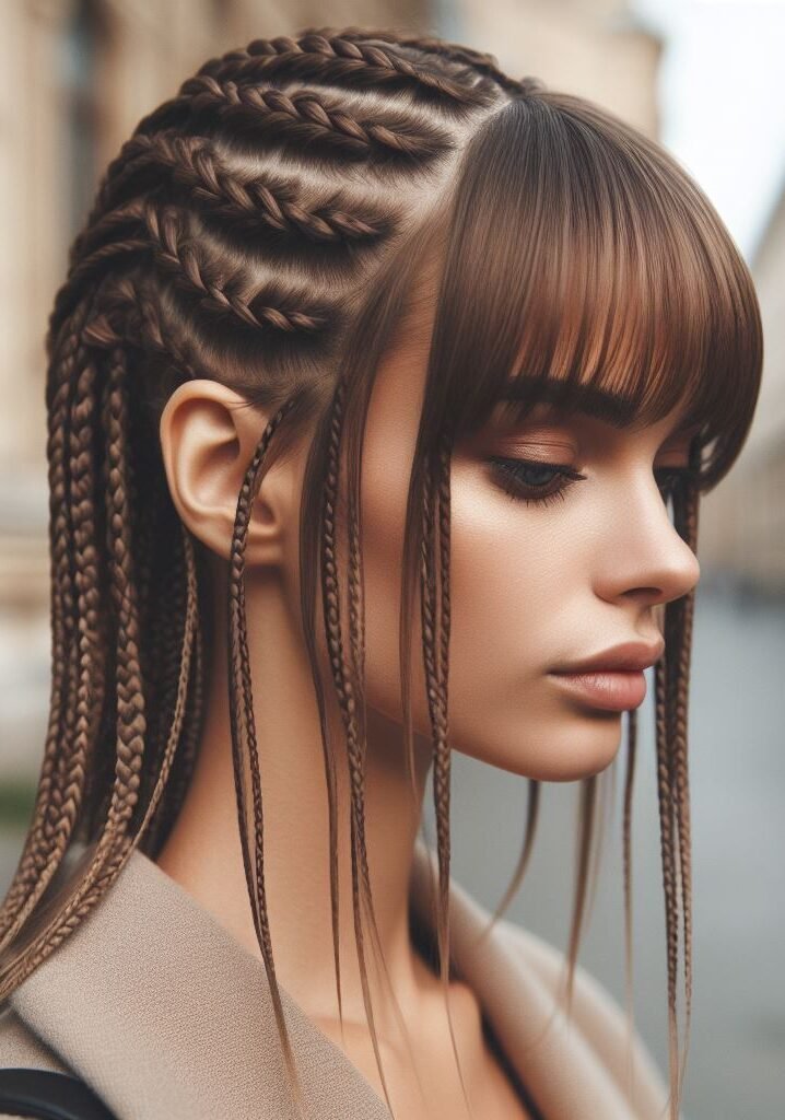 Curtain Bangs: Your Effortless Guide to 55 Stunning Styles! | Pocoko Modern fusion! This hairstyle combines the trendy texture of cornrows with wispy curtain bangs for a unique look. The cornrows add a touch of cultural flair, while the bangs frame the face for a stylish finish. Perfect for embracing textured styles! #pocoko #curtainbangs #cornrows #texturedhairstyle