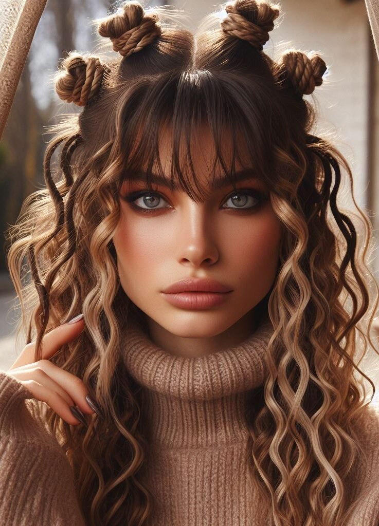 Curtain Bangs: Your Effortless Guide to 55 Stunning Styles! | Pocoko Bantu meets bangs! This playful style merges trendy curtain bangs with vibrant bantu knots. The knots add a pop of color and texture, while the bangs keep things fresh and fun. It's a perfect mix of protective and playful, perfect for showing off your personality! #pocoko #curtainbangs #bantuknots #protectivehairstyleswithapunch