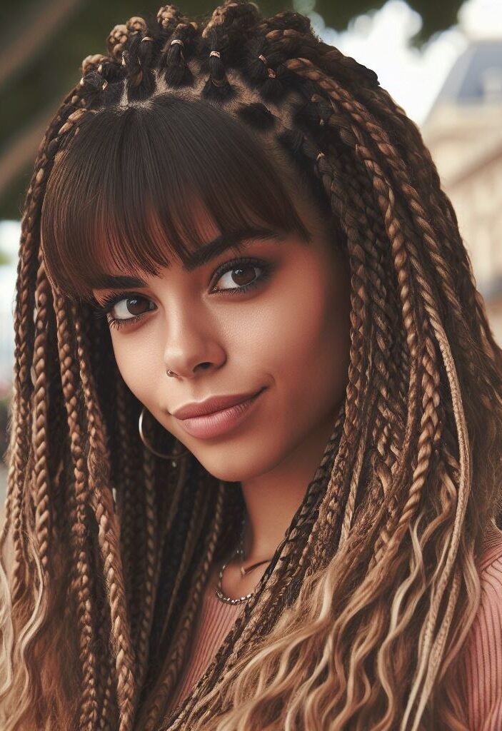 Curtain Bangs: Your Effortless Guide to 55 Stunning Styles! | Pocoko Bangin' Braids! Wispy curtain bangs peek out from a crown of stunning crochet braids, creating a hairstyle that's both effortlessly cool and undeniably eye-catching. Perfect for adding a touch of edge to your everyday look or rocking a festival-ready vibe! #pocoko #curtainbangs #crochetbraids #bohohairstyles