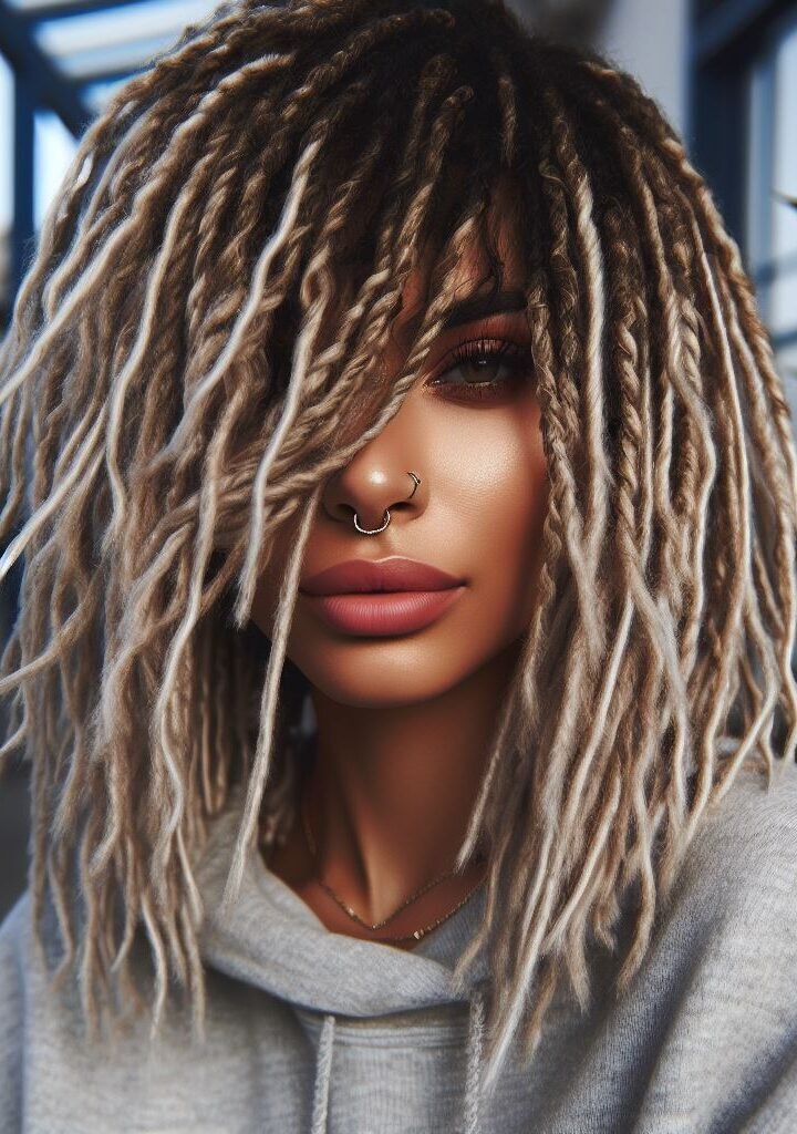 Curtain Bangs: Your Effortless Guide to 55 Stunning Styles! | Pocoko Faux Loc Magic! Wispy curtain bangs peek out from a crown of stunning faux locs, creating a hairstyle that's both effortlessly stylish and protective. Perfect for adding a touch of texture and bohemian flair to your everyday look! #pocoko #curtainbangs #fauxlocs #protectivestyles