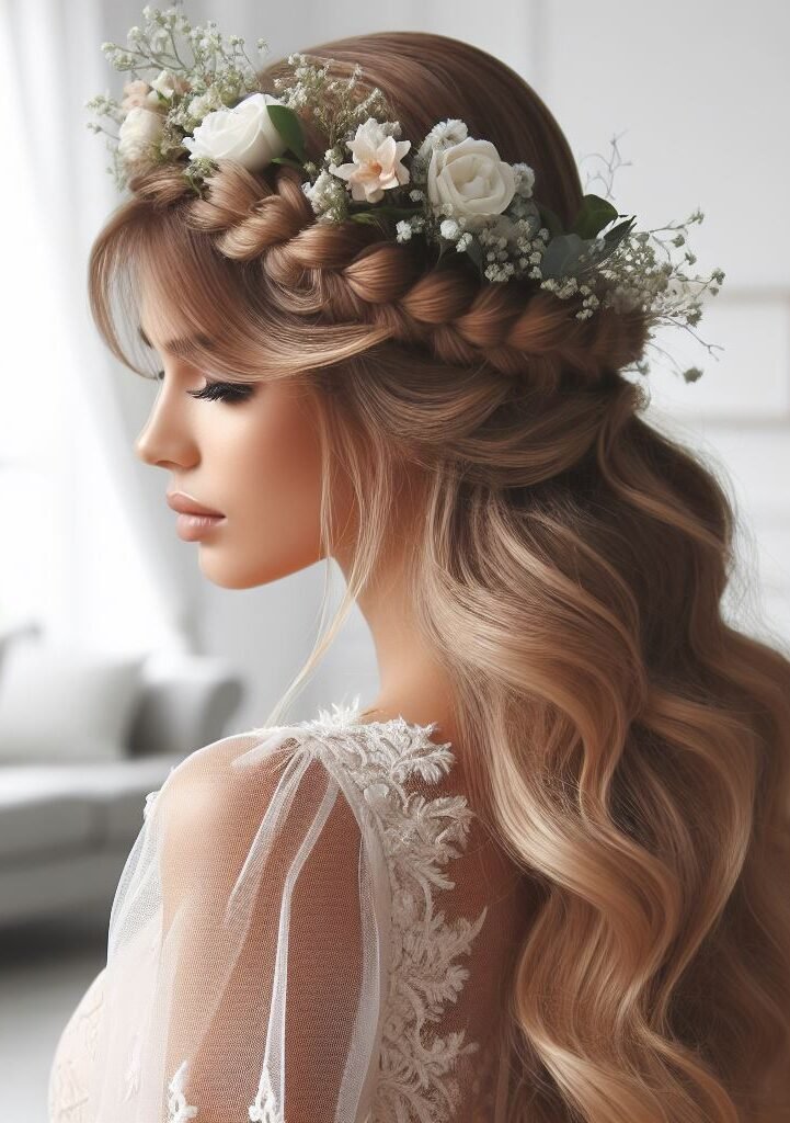 Curtain Bangs: Your Effortless Guide to 55 Stunning Styles! | Pocoko Floral Fantasy! Wispy curtain bangs peek out from a stunning braided crown adorned with delicate flowers. This romantic hairstyle is perfect for a special occasion or adding a touch of whimsical charm to your everyday look. #pocoko #curtainbangs #braidcrown #festivalhair