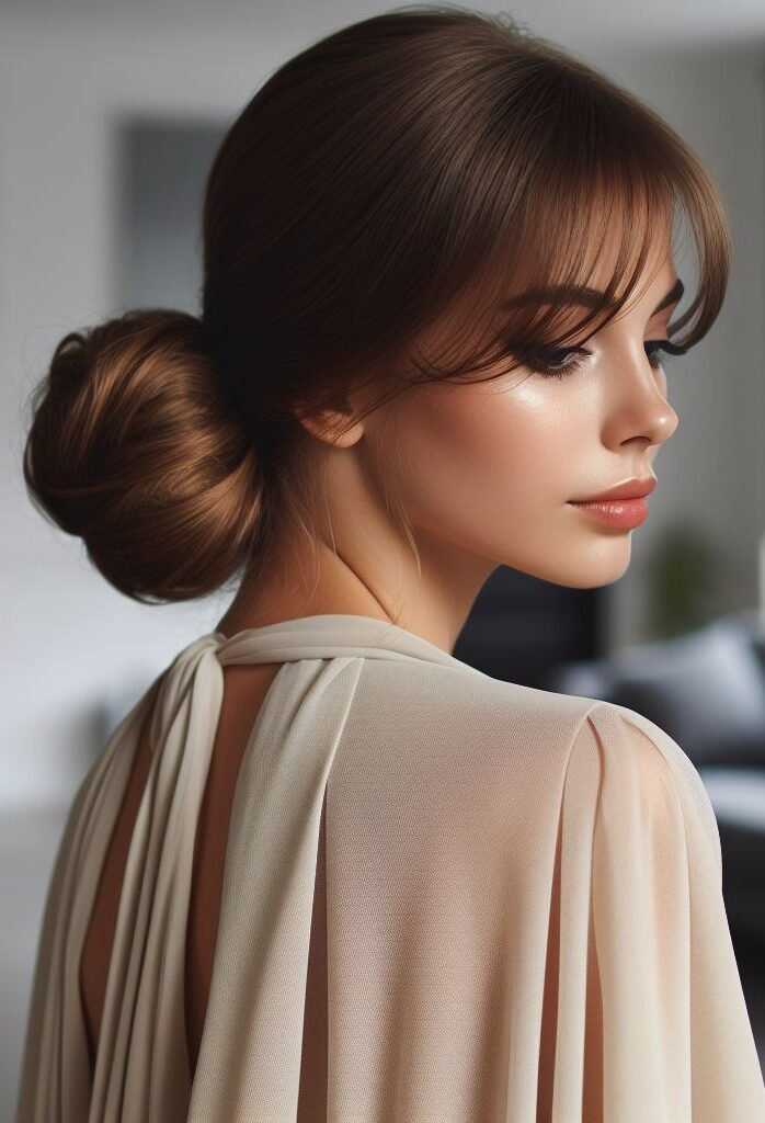 Curtain Bangs: Your Effortless Guide to 55 Stunning Styles! | Pocoko Modern Minimalism! Effortless chic meets polished elegance. Wispy curtain bangs frame the face, while the rest of the hair is styled into a sleek, low bun for a sophisticated look. This hairstyle is perfect for work or a formal event. #pocoko #curtainbangs #sleekbun #minimalisthairstyles