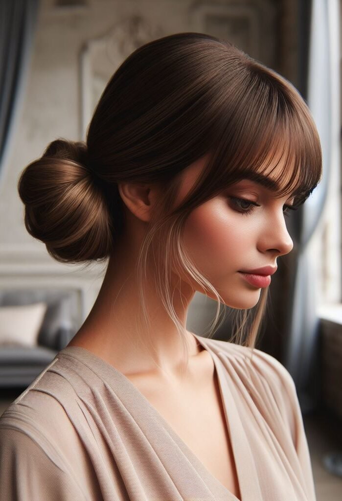 Curtain Bangs: Your Effortless Guide to 55 Stunning Styles! | Pocoko Effortless Elegance! Wispy curtain bangs add a touch of softness to a polished low bun. The sleek hairstyle exudes timeless sophistication, perfect for the woman who wants to feel confident and refined. #pocoko #curtainbangs #sleekbun #luxurioushair