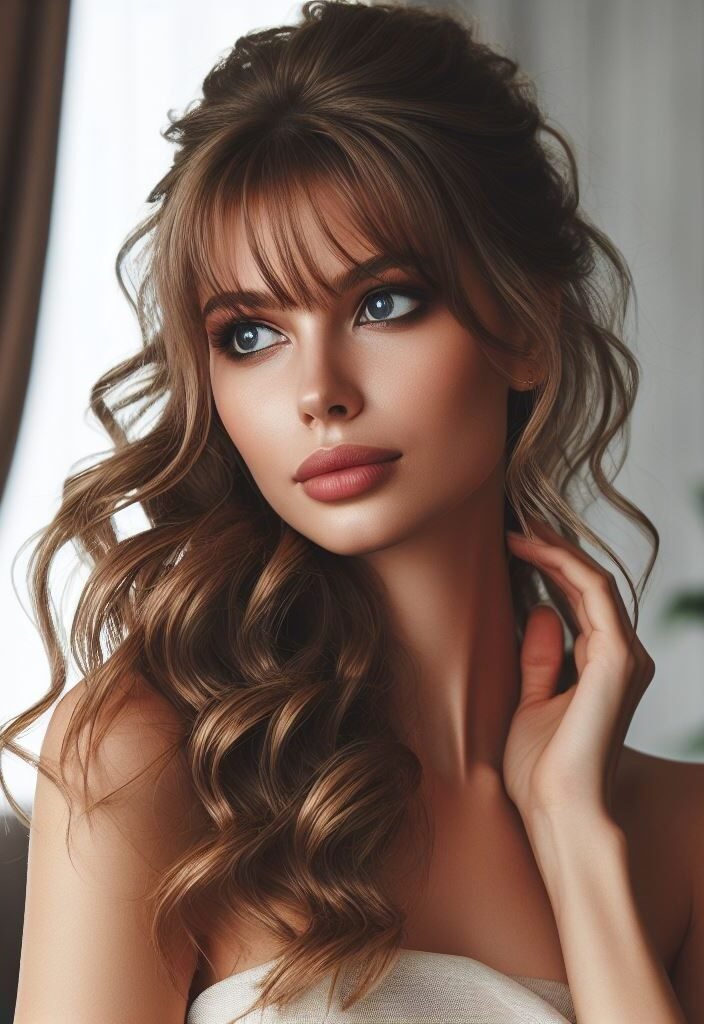 Curtain Bangs: Your Effortless Guide to 55 Stunning Styles! | Pocoko Romantic Twists! Wispy curtain bangs frame the face, while the rest of the hair is styled in a playful half-up, half-down twist. Soft curls add a touch of whimsy and romance, perfect for a date night or a fun day out. #pocoko #curtainbangs #halfuphalfdown #curlyhairstyles