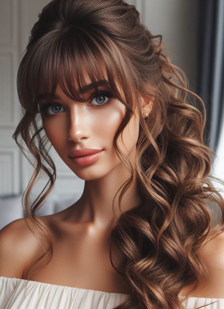 Curtain Bangs: Your Effortless Guide to 55 Stunning Styles! | Pocoko Boho Bliss! Soft, wispy curtain bangs frame the face, transitioning seamlessly into a relaxed half-up, half-down style. The remaining hair flows into bouncy curls, adorned with delicate braids or colorful feathers for a touch of festival flair. This effortless and carefree hairstyle is perfect for dancing under the summer sun or embracing your inner flower child. #pocoko #curtainbangs #halfuphalfdown #bohohairstyles