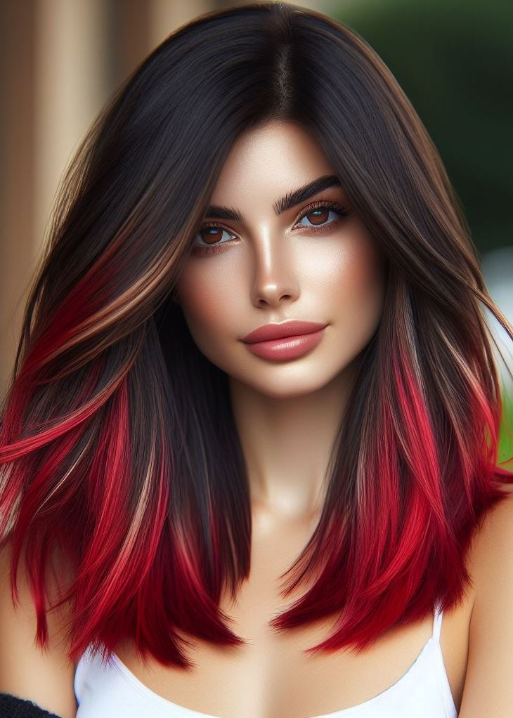 Show-stopping style! Turn heads with asymmetrical layers that frame your face and a vibrant red hue that pops. #hairstyles #haircolor #pocoko