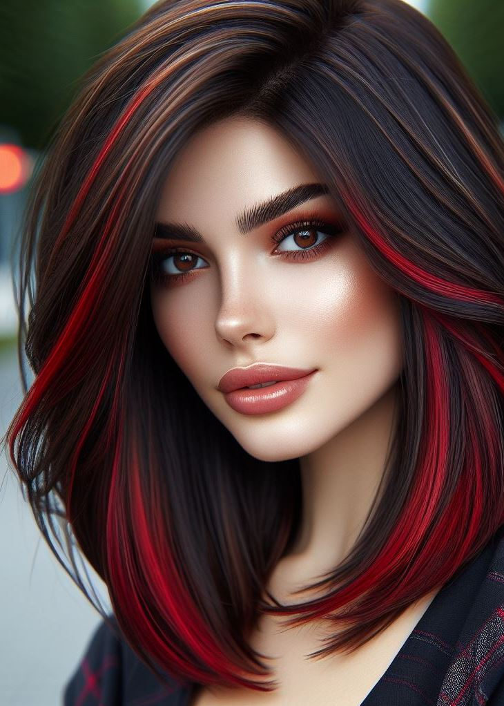 Spice up your life! Uneven layers and a bold, vibrant red create a dynamic duo on medium hair. Be ready for compliments! #hairinspiration #redhairdontcare #pocoko