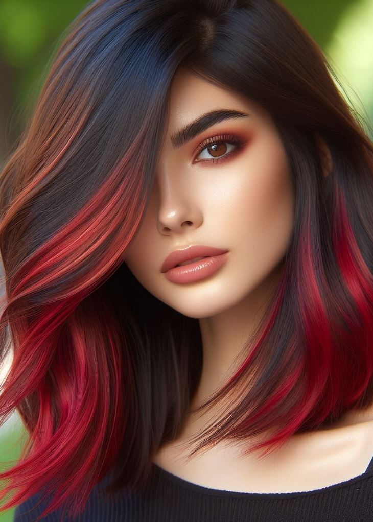 Fierce and fiery! Asymmetrical layers and a vibrant red hue add a bold edge to your medium hair. #mediumhairstyle #redhair #pocoko