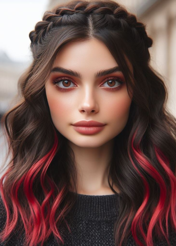 Make a bold statement with this playful cherry red ombre that melts into a delicate crown braid. It's both fierce and feminine! #ombrehair #hairstyleinspiration #pocoko