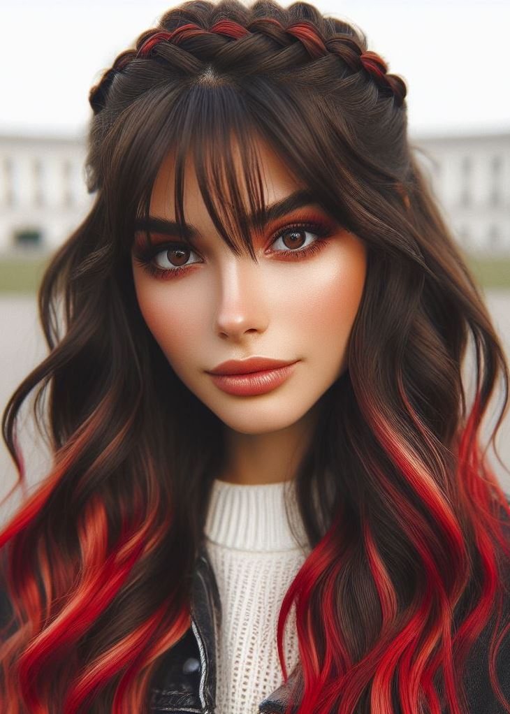 Unleash your fiery side with a bold cherry red ombre that fades into a stunning crown braid. Own the red carpet look! #redhairstyle #crownbraid #pocoko