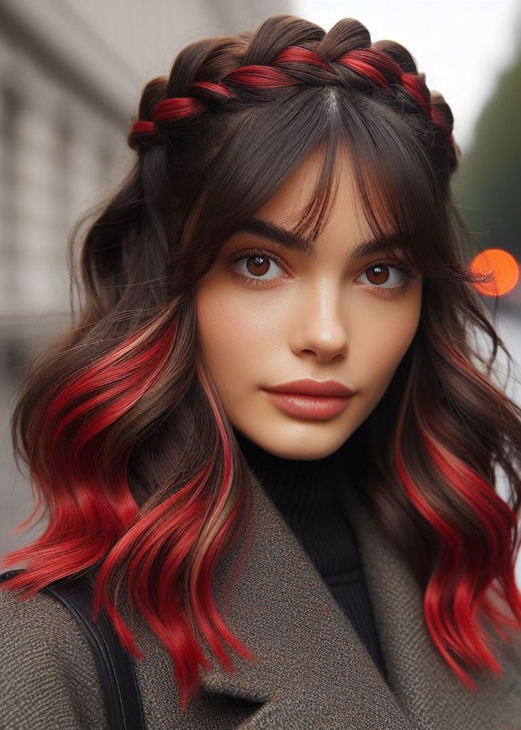 This captivating cherry red ombre with a crown braid adds a touch of fire and intrigue to your look. It's perfect for those who want to stand out. #redhairgoals #hairstylesforschool #pocoko
