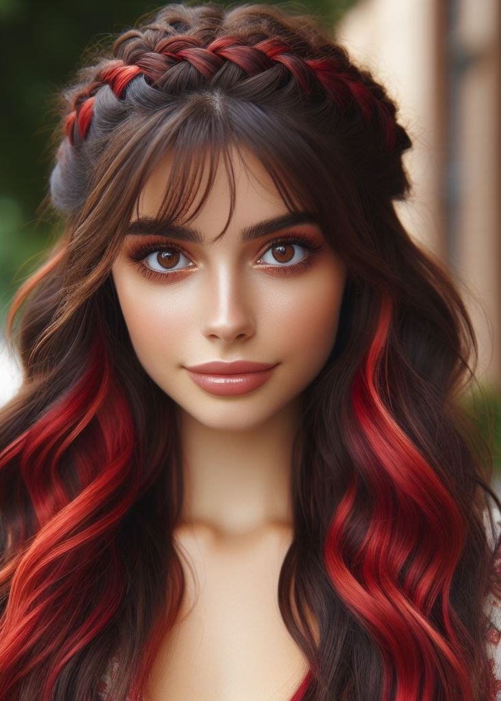Show off your playful side with a vibrant cherry red ombre that transitions into a fun and flirty crown braid. Embrace your inner rockstar! #redhairfun #easyhairstyles #pocoko