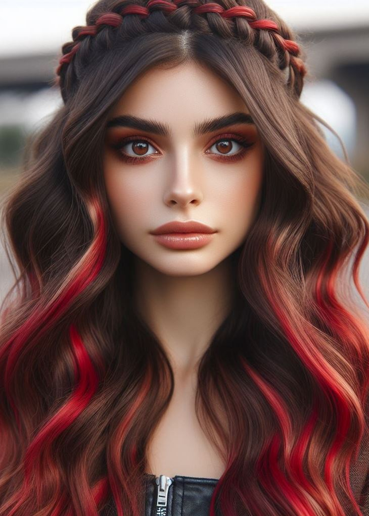 Elevate your everyday style with a sophisticated cherry red ombre cascading into a chic crown braid. It's edgy with a touch of elegance. #hairstyleoftheday #hairstylesforlonghair #pocoko
