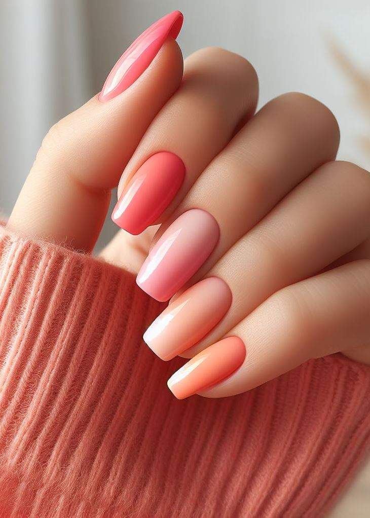 ¡Ilumina tu mani con un degradado de coral a melocotón! Tonos cálidos y alegres para un toque de sol.