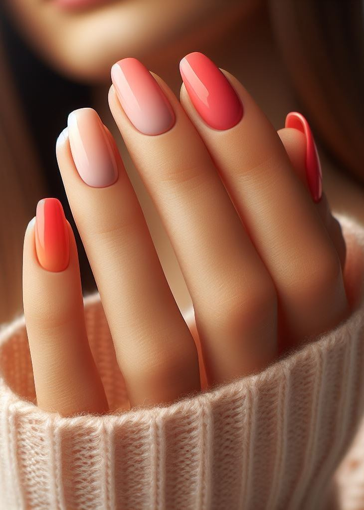 Escape the ordinary with a coral to peach gradient! This vibrant ombre adds a pop of color to your look.