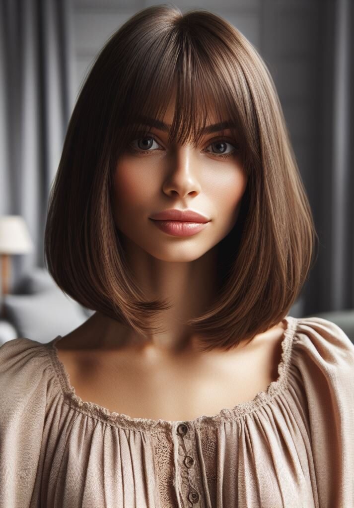 Curtain Bangs: Your Effortless Guide to 55 Stunning Styles! | Pocoko Golden Brunette Chic! Wispy curtain bangs add a touch of effortless style to this chic golden brown bob. The medium-length hair is perfect for easy styling and a polished look. This versatile hairstyle is perfect for work, a night out, or anything in between! #pocoko #curtainbangs #goldenhair #bobhaircut
