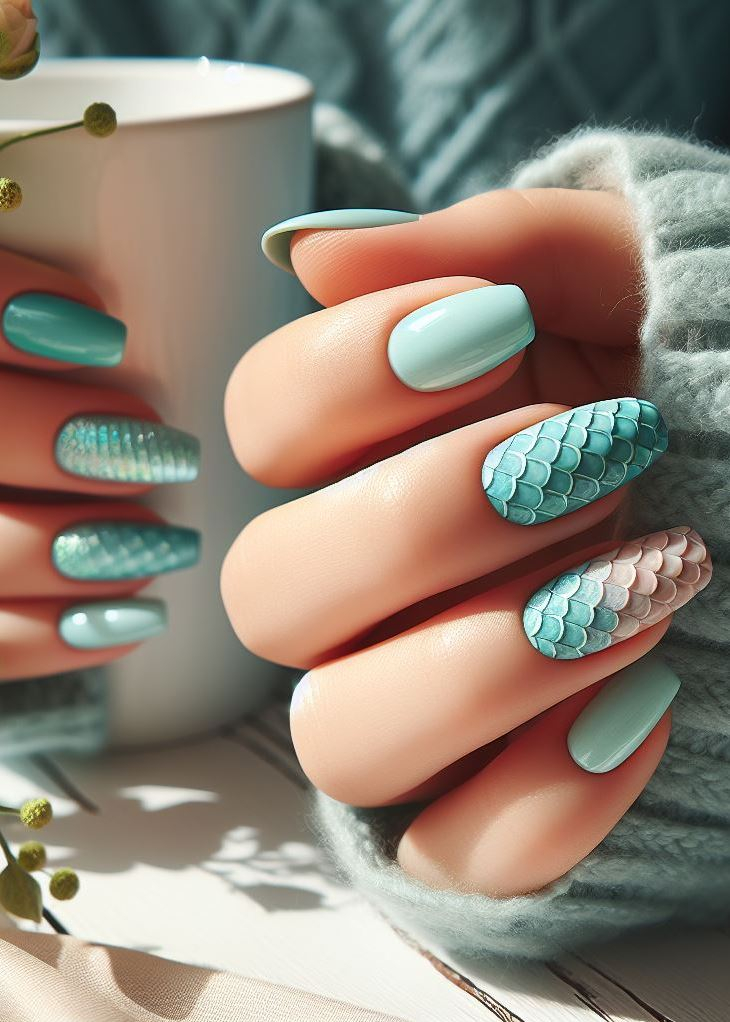 ¡Date un chapuzón con estas fascinantes uñas sombrías de color verde menta a turquesa! Impresionante combinación de colores para una manicura espectacular.