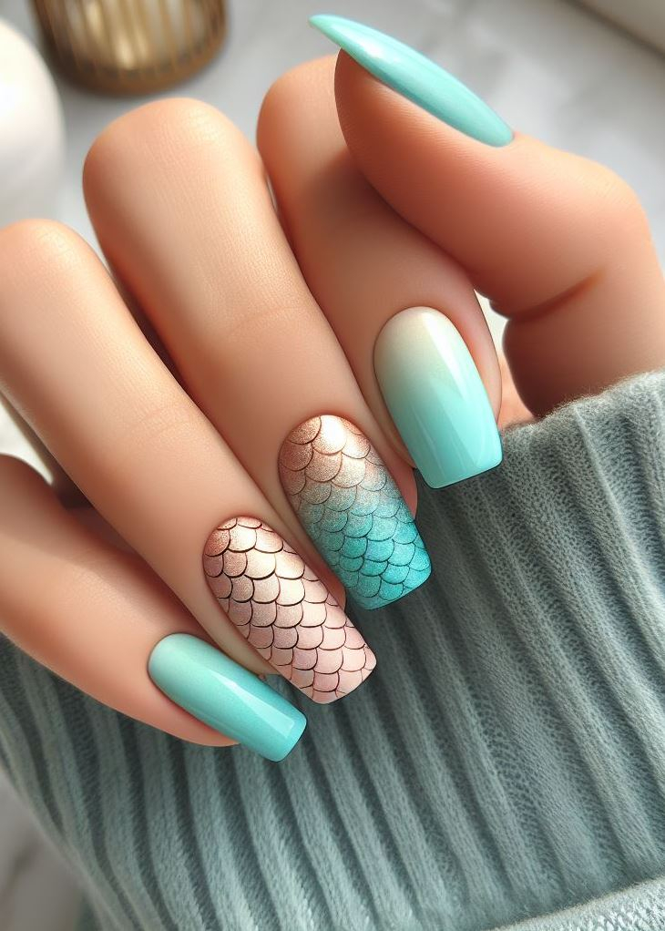 Dive into a mermaid dream with mint green to turquoise ombre nails! ‍♀️ These cool colors are perfect for ocean lovers.