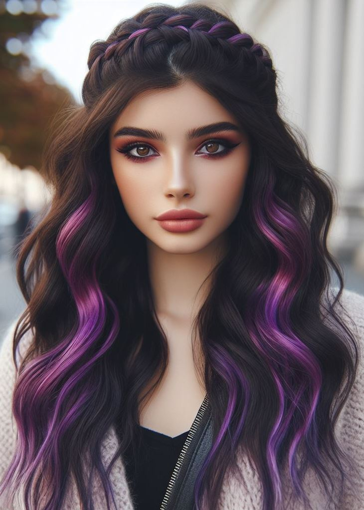 Show off your playful side with a vibrant violet ombre that transitions into a fun and flirty crown braid. #hairstyles #easyhairstyles #pocoko