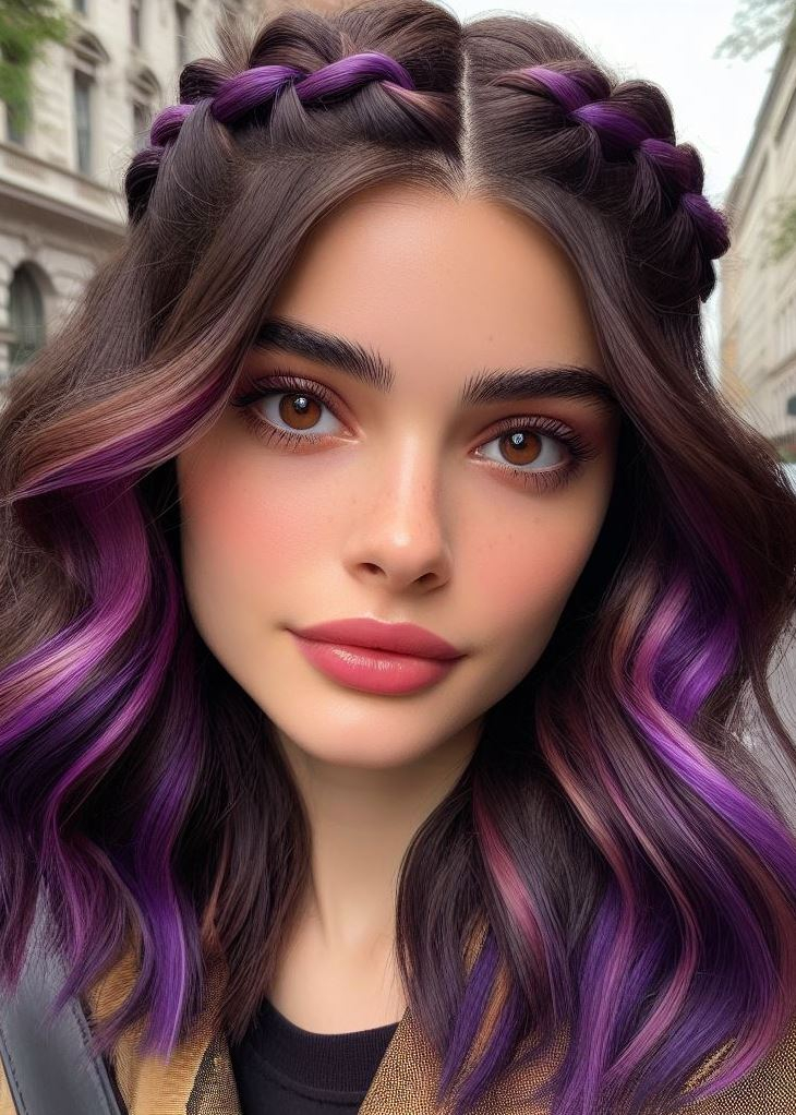 Elevate your everyday style with a sophisticated violet ombre that cascades into a chic crown braid. #hairgoals #hairstylesforlonghair #pocoko