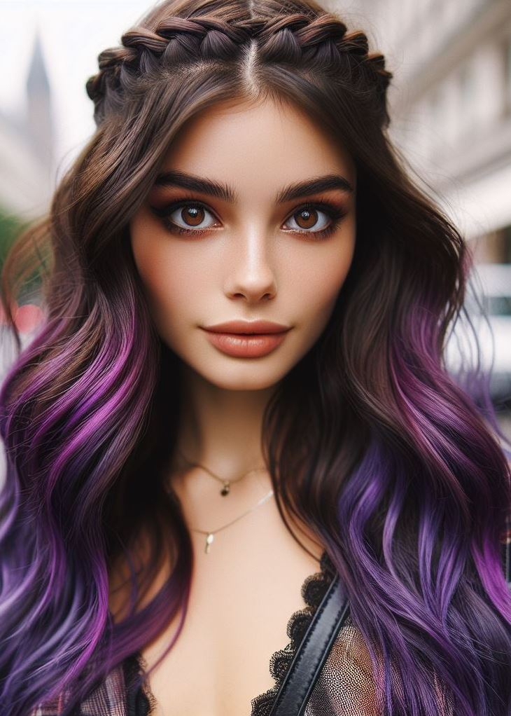 Add a touch of mystery to your look! This violet ombre with a crown braid is a unique and captivating hairstyle. #ombrehairgoals #hairstyleinspiration #pocoko