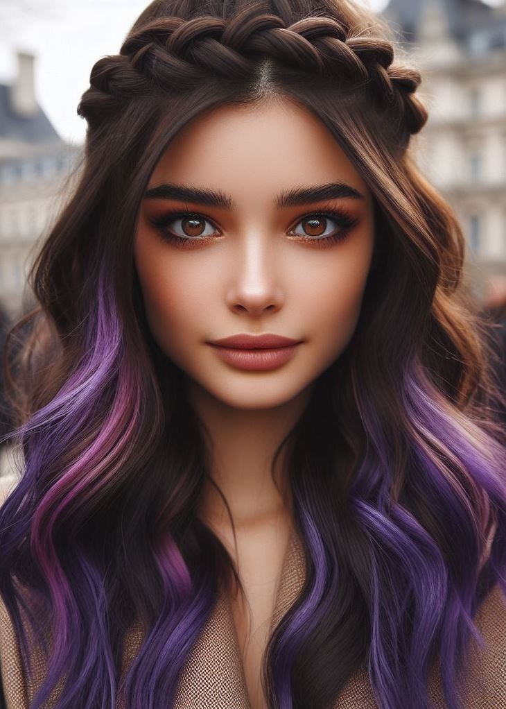 Embrace the magic with this enchanting violet ombre hairstyle accented by a delicate crown braid. Perfect for mystical vibes. #purplehair #hairstylesforteens #pocoko