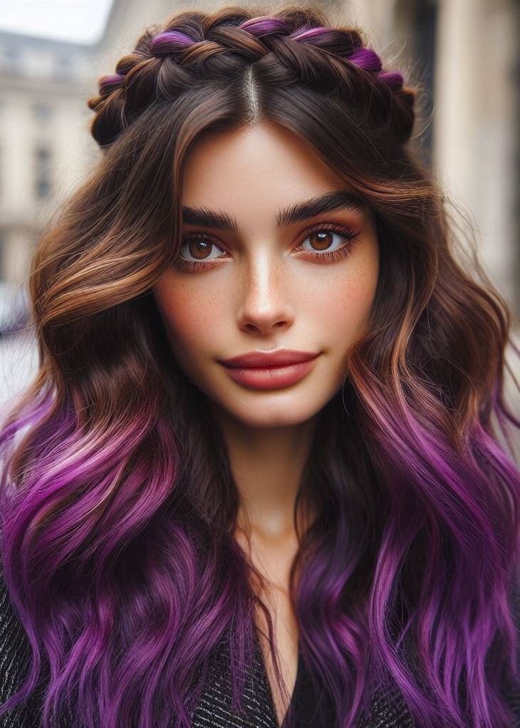 Channel your inner rockstar with this bold violet ombre that flows into a chic crown braid. It's edgy and glamorous! #purplehairlove #hairstylesforschool #pocoko